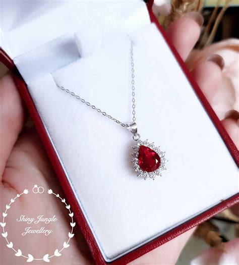 Halo Pear Shaped Genuine Lab Grown Ruby Necklace July Birthstone