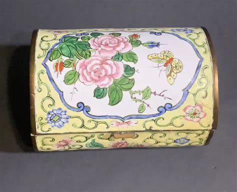 VINTAGE CHINESE CLOISONNE TRINKET BOX Yellow Floral BUTTERFLY Enamel