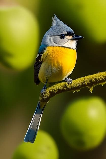 Um P Ssaro Azul E Amarelo Est Sentado Em Um Galho Ma S Ao Fundo