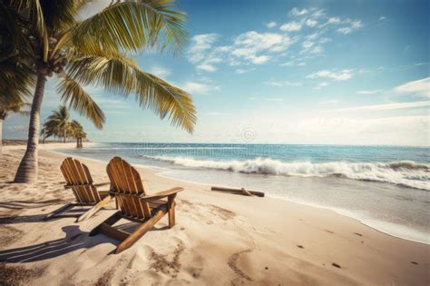 Relaxing Beach Scene with Palms and Beach Chairs Stock Illustration ...