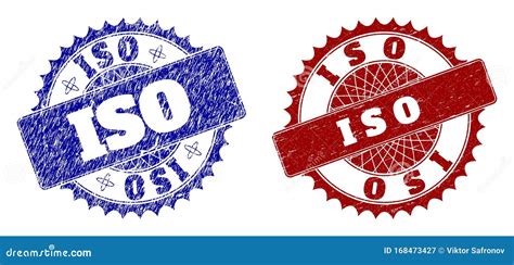 ISO Blue And Red Round Seals With Corroded Textures Stock Vector