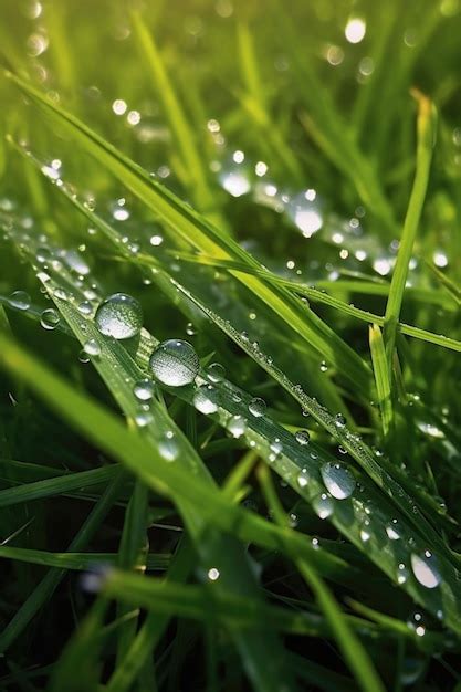 Premium Photo Closeup Of Dewdrops On Fresh Green Grass Created With