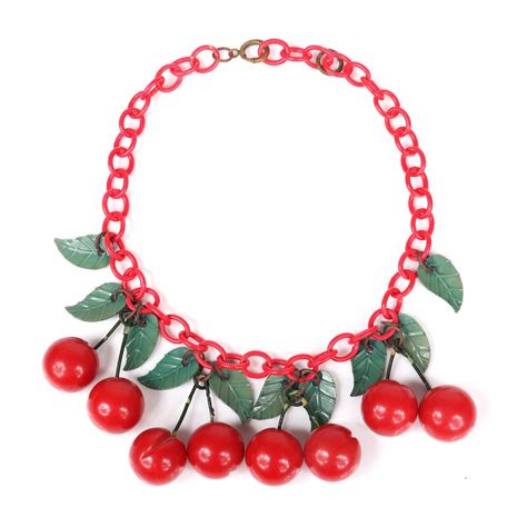 Lot Vintage Bakelite Red Cherry Fruit Dangle Bib Necklace On