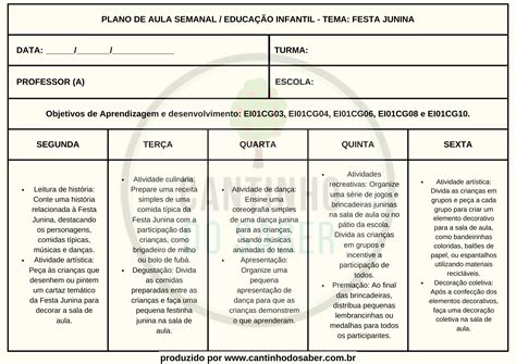 Plano De Aula Semanal Da Festa Junina Atividades Para A Educa O