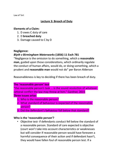 Lecture 3 Breach Of Duty Law Of Tort Lecture 3 Breach Of Duty