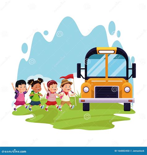 Cartoon Happy Kids and School Bus Stock Vector - Illustration of trip ...