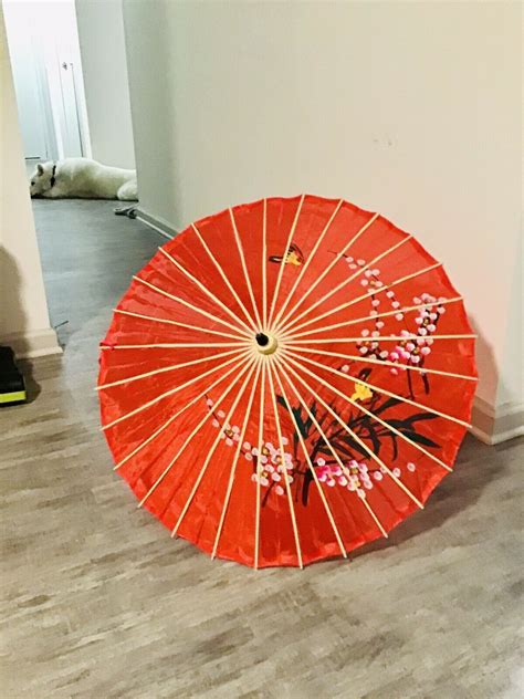 Vintage Japanese Oriental Bamboo Parasol Umbrella Hand Painted Flowers