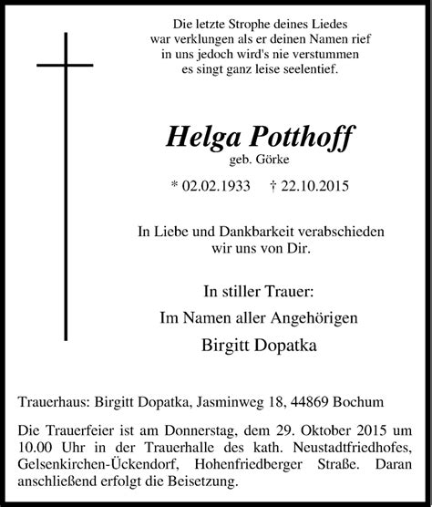 Traueranzeigen Von Helga Potthoff Trauer In Nrw De