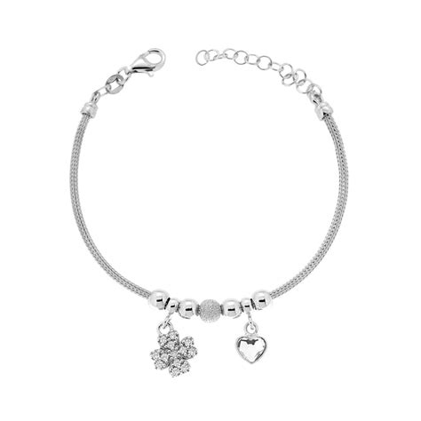 Bracciale Catena Calza Con Quadrifoglio Con Cubic Zirconia Bianchi E