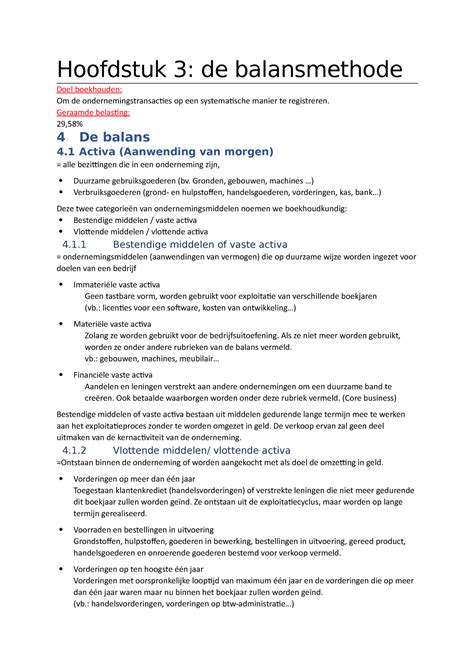 Boekhouden Hoofdstuk De Balansmethode Doel Boekhouden Om De