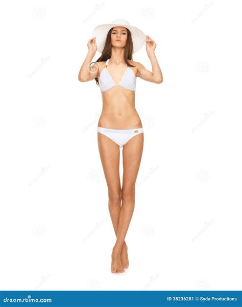 Model Posing In White Bikini With Hat Stock Image Image Of Beautiful