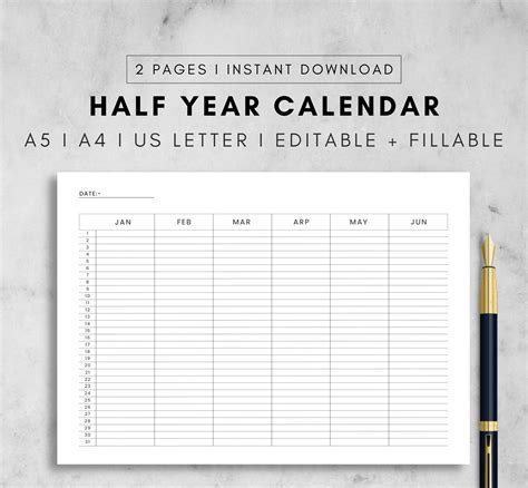 Half Year Calendar Printable Undated Calendar On 2 Pages Year At A