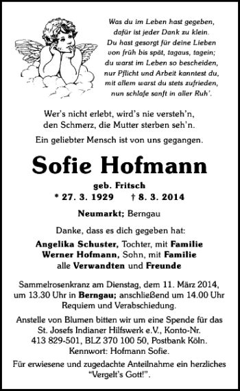 Traueranzeigen Von Sofie Hofmann Mittelbayerische Trauer