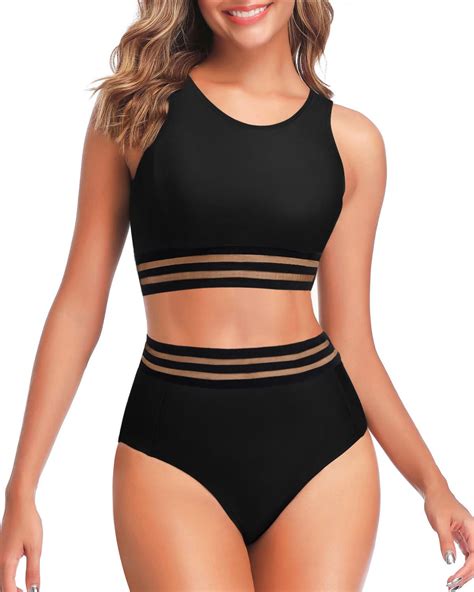 Tempt Me Women Two Piece Black High Waisted Bikini Set Mesh Swimsuits Sporty Bathing Suit With
