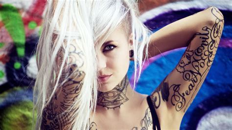 Tattoo Arms Up Sara Fabel Women Blonde Long Hair HD Wallpaper