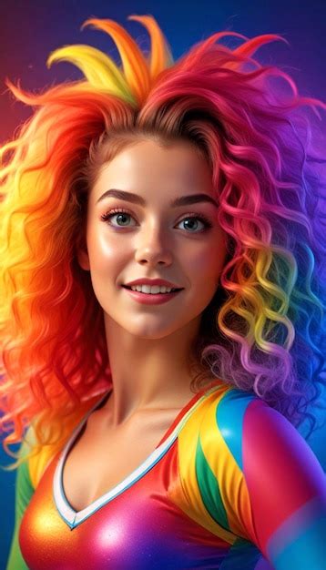 A Woman With Rainbow Hair Is Posing With A Rainbow Colored Hair Premium Ai Generated Image