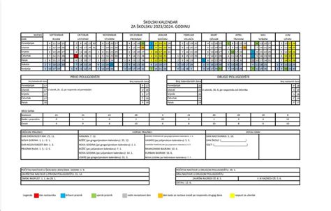 Školski Kalendar Za školsku 2023 2024 Godinu Ba