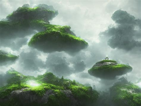 Krea Mysterious Fantastic Floating Island In The Clouds Foggy Lush