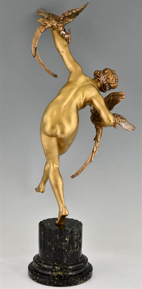 Art Deco Bronze Sculpture Nude With Parrots Cm Deconamic