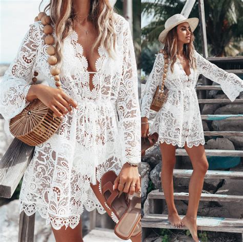 Lace Bathing Suit Cover Up Boho Beach Women Maxi Bikini Sundress Dress Summer Us Ebay
