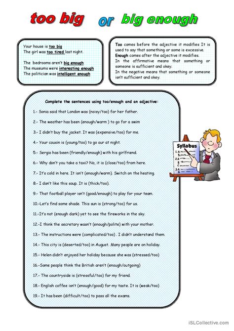 TOO BIG OR BIG ENOUGH General Gramma English ESL Worksheets Pdf Doc