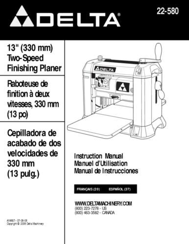 Delta 22 580 13 Two Speed Finishing Planer Instruction Manual EBay