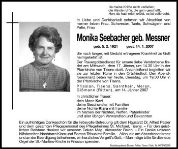 Traueranzeigen Von Monika Seebacher Trauer Bz