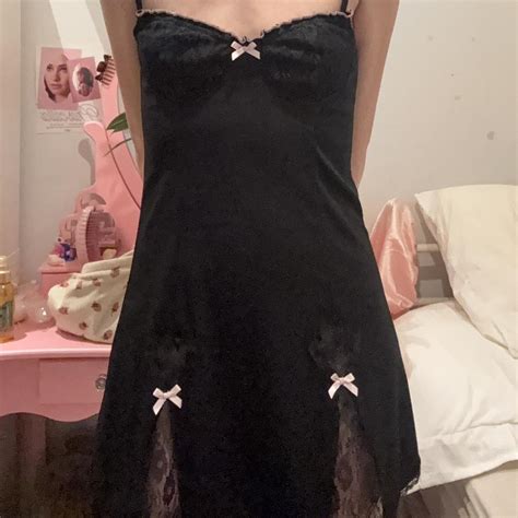 Black Lace Babydoll Lingerie Dress With Pink Bows Depop