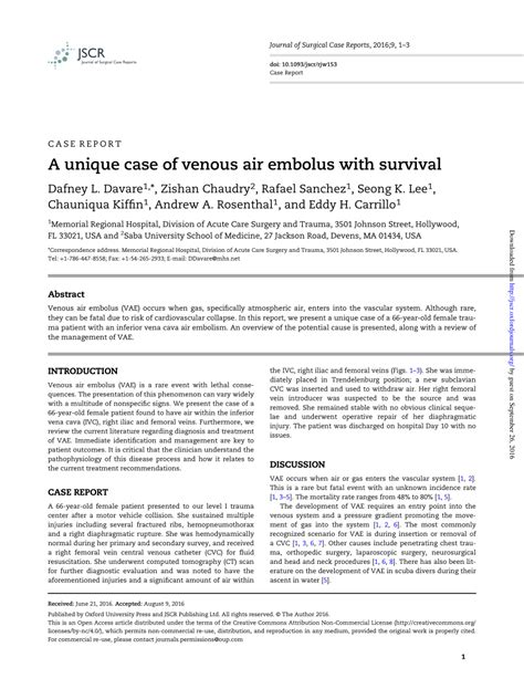 Pdf A Unique Case Of Venous Air Embolus With Survival