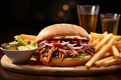 Premium Ai Image A Pulled Pork Sandwich And Fries Combo Generative Ai