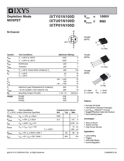 IXTY01N100D MOSFET Datasheet Distribuidor Stock Y Mejor Precio