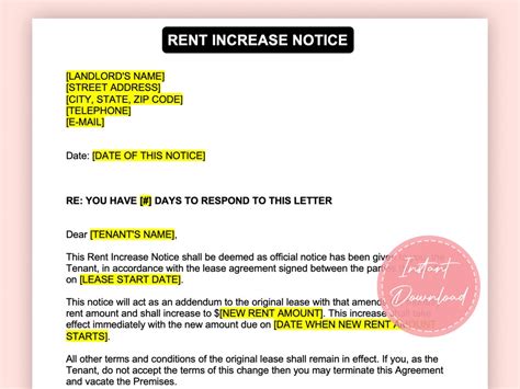 Rental Increase Notice Rental Increase Notification Editable Microsoft