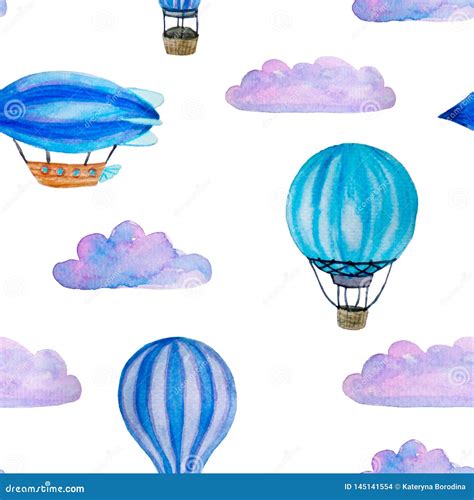Watercolor Seamless Pattern With Blue Hot Air Balloons Clouds And Airship Isolated On White