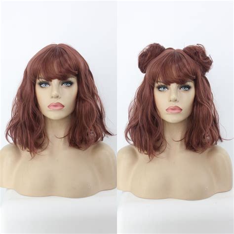 Cute Reddish Brown Bob Wig With Buns Bob Wigs Wigs Synthetic Lace