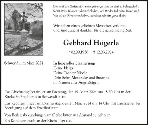 Traueranzeigen von Gebhard Högerle schwaebische de Trauerportal