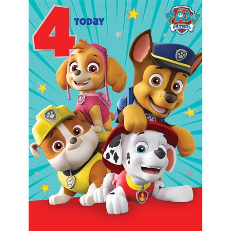 Paw Patrol Age 4 Birthday Card With Marshall Chase Skye And Rubble