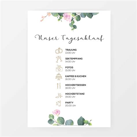 Eukalyptus Rosen Wedding Timeline Personalisierbar Druckfertig