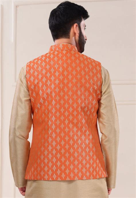 Buy Woven Art Silk Jacquard Nehru Jacket In Orange Online Muy