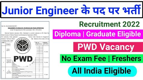 Junior Engineer Recruitment Pwd Je Freshers No Fee Je Vacancy