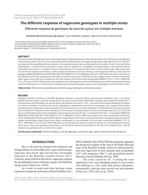 Pdf The Different Response Of Sugarcane Genotypes In Multiple Stress