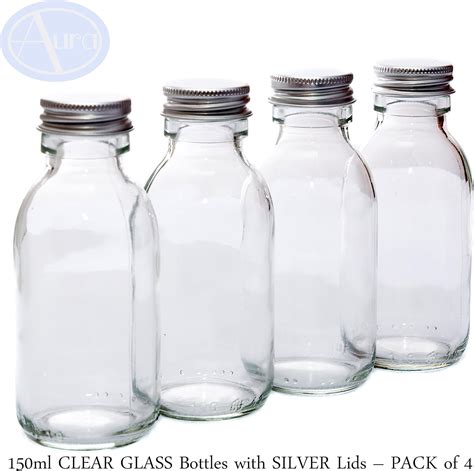 150ml CLEAR GLASS Bottles With SILVER Lids PACK Of 4 Amazon Co Uk