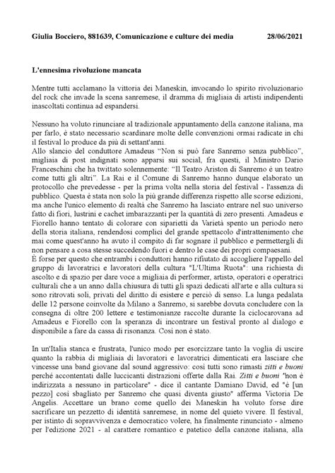 Articolo Di Giornale Lennesima Rivoluzione Mancata Docsity