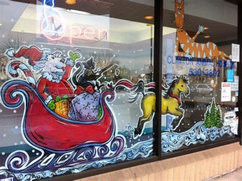 Vet Hospital window painting - cat and dog in santa sleigh | Christmas window painting, Window ...