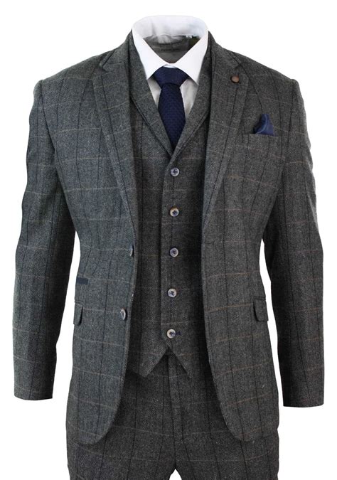 Cavani Albert Mens Herringbone Tweed Check 3 Piece Suit Charcoal