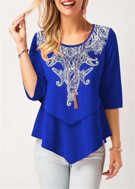 Us Asymmetric Hem Round Neck Royal Blue Blouse Trendy Tops