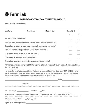 Fillable Online INFLUENZA VACCINATION CONSENT FORM 2017 Fax Email Print