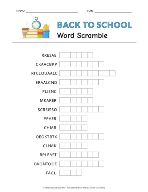 Printable Back To School Word Scramble Puzzle