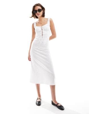 Vestido Midi Blanco De Tirantes Con Cuerpo Estilo Cors Y Bordado