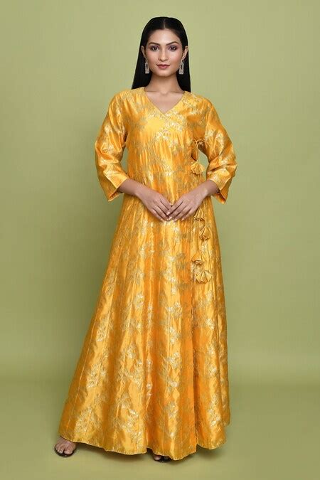 Buy Yellow Summer Silk Woven Floral Jaal V Neck Pattern Anarkali