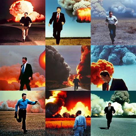 Cinestill Of Ronald Reagan Running From A Nuclear Stable Diffusion